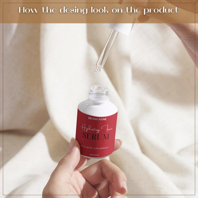 May include: A white and red hydrating face serum bottle with a dropper. The bottle has the text "Hydrating Face Serum" and "Hyaluronic Acid | Radiance". The bottle is held in a hand.