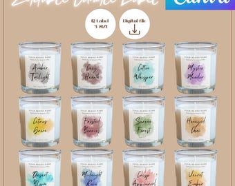 May include: Twelve candle labels with watercolor-style backgrounds. Each label features a different scent name, such as "Amber Twilight", "Cozy Hearth", and "Cotton Whisper". The labels are designed for use with Canva.