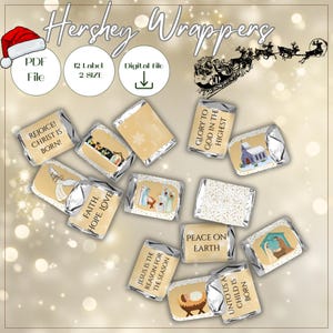 May include: Hershey's candy wrappers with Christmas-themed designs. The wrappers feature religious imagery and phrases like "Rejoice! Christ is Born!" and "Peace on Earth." The image includes a Santa hat and a sleigh with reindeer.