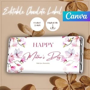 Involucro di barretta di cioccolato per la festa della mamma modificabile / Involucro di caramelle floreale / Etichetta di cioccolato stampabile per regalo per la festa della mamma / Download digitale