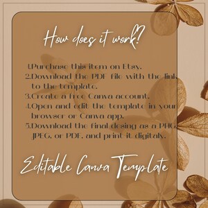 May include: A tan-colored graphic with the text "How does it work?" and instructions for using an editable Canva template. The design includes floral accents and a rounded rectangle frame.