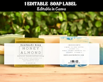 May include: A printable soap label template for Canva featuring a honey almond soap bar. The label includes the text "Handmade Soap Honey Almond", "Natural handcrafted soap", "Made with plant-based oils and natural ingredients", "4 oz/120 ml", and "Ingredients: Almond Oil, Shea Butter, Coconut Oil, Honey, Orange Essential Oil, Beeswax, Vitamin E", "www.yourwebsite.com".