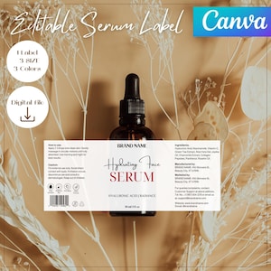 May include: A brown glass bottle of hydrating face serum with a dropper, featuring a white label with the text "Hydrating Face Serum". The label also includes the words "Hyaluronic Acid | Radiance". The image includes the Canva logo.