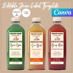 Editable Smoothie Bottle Label, Vibrant Canva Template, 8-16 oz Cold-Pressed Design, Small Business Branding, Digital Download