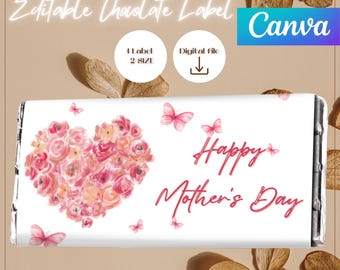 Mother’s Day Chocolate Bar Wrapper Canva Template, Editable Candy Label, Floral Heart Design