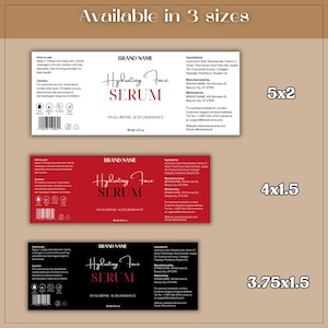 May include: Three sizes of hydrating face serum labels are displayed. The labels are rectangular, with the text "Hydrating Face Serum" and "Hyaluronic Acid | Radiance." The sizes are 5x2 inches, 4x1.5 inches, and 3.75x1.5 inches.