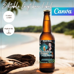 Editable Craft Beer Label, Custom Canva Template, Witch of the Hoppy Woods Design, Unique Beer Bottle Sticker, Digital Download
