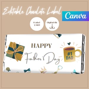Könnte beinhalten: Editierbarer Schokoladenriegel-Verpackung mit weißem Hintergrund und goldenen Akzenten. Die Verpackung zeigt eine Kaffeetasse mit dem Text "#1 DAD" und den Worten "HAPPY Father's Day".