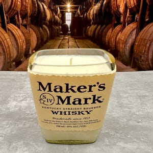 Handmade Bourbon Barrel Scented Soy Candle in Repurposed Maker's Mark Whiskey Bottle – Unique Upcycled Whiskey Bottle Candle