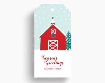Custom Winter Wonderland Red Barn Equestrian Holiday Gift Tag Set: Personalized Christmas Horse-Themed Fox Hunting Gift Tags WWC XM CSX
