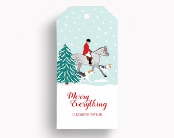 Custom Winter Wonderland Hunt Hounds Equestrian Holiday Gift Tag Set: Personalized Christmas Horse-Themed Fox Hunting Tags WWC XM CSX