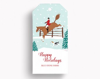 Custom Winter Wonderland Jumping Hunter Equestrian Holiday Gift Tag Set: Personalized Christmas Horse-Themed Fox Hunting Tags WWC XM CSX