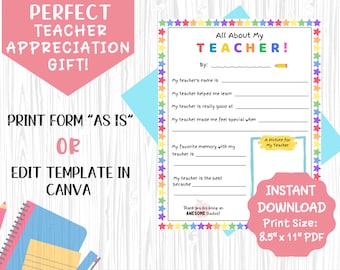 All About My Teacher Printable: End of Year Gift (Digital Download)