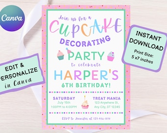 Customizable Cupcake Decorating Invitation, Editable Baking Birthday Party Invite for Girl