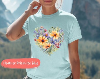 Wildflowers Heart T-Shirt, Soft Botanical Print, Gardener Gift