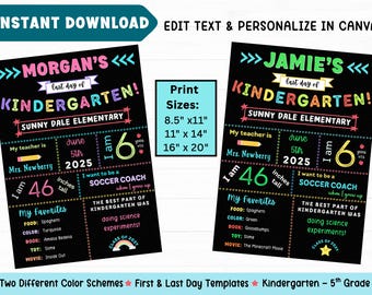 First & Last Day of School Sign, K-5 Printable, Editable Chalkboard (Digital Download)