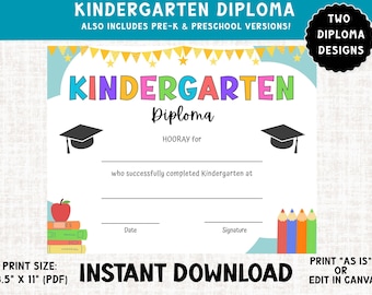 Editable Kindergarten Diploma, Printable Certificate for Pre-K and Preschool