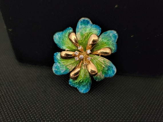 18K Diamond & Enameled Floral Pin - image 1