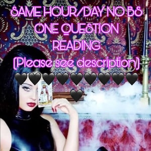Peut inclure: Une femme aux cheveux noirs et au rouge à lèvres rouge tient une carte de tarot devant son visage. L'image contient le texte "SAME HOUR/DAY NO BS ONE QUESTION READING (Please see description)". L'arrière-plan est une tapisserie à motifs.