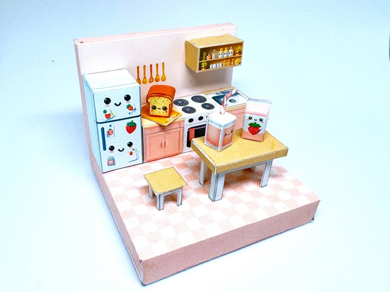 Strawberry Milk Kitchen. Papercraft Diorama Printable Etsy