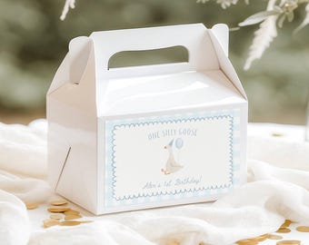 Etiqueta para caja a dos aguas para el primer cumpleaños de One Silly Goose: Plantilla editable de etiqueta para caja a dos aguas de One Silly Goose azul / Primer cumpleaños de One Silly Goose