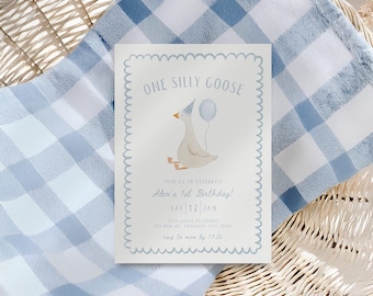 Invitación para el primer cumpleaños de One Silly Goose: Plantilla editable de invitación azul de One Silly Goose / Invitación para el primer cumpleaños de He's One Silly Goose