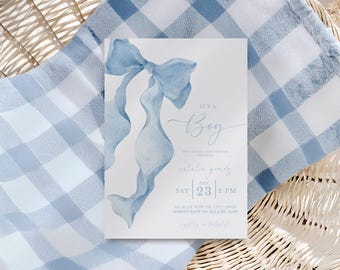 Blue Bow Baby Shower Invitation: Editable Vintage Blue Bow Baby Shower Invitation Template | Blue Coquette Boy Baby Shower Invitation
