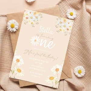 Editable Daisy First Birthday Invitation | Daisy First Birthday Evite | Printable & Digital Invite | Neutral Boho Daisy First Birthday Theme
