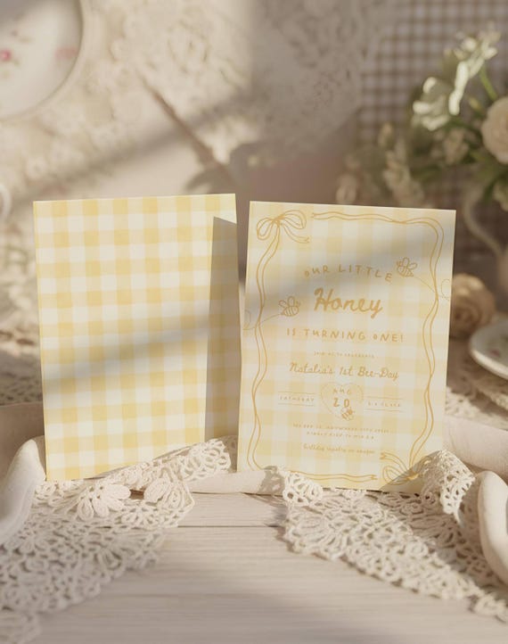 First Bee Day Invitation | Editable First Bee Day 1st Birthday Evite, Whimsy Bee First Birthday Invitation, Little Honey Turns One Birthday