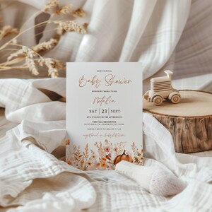 Fall Baby Shower Invitation: Boho Pumpkin Floral Theme (5x7 in, Editable Template) image 5