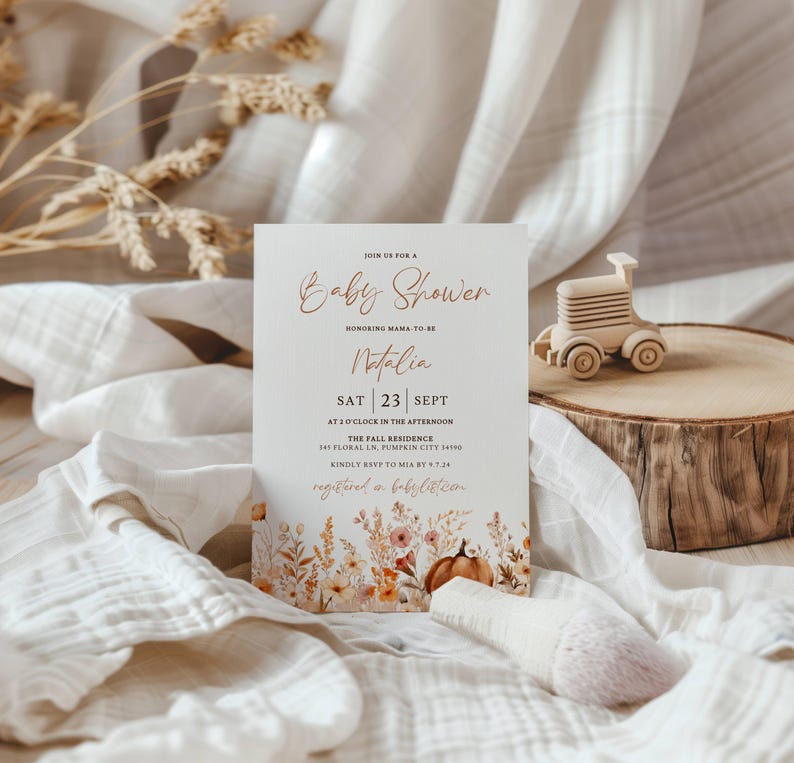 Fall Baby Shower Invitation: Boho Pumpkin Floral Theme (5x7 in, Editable Template) image 5