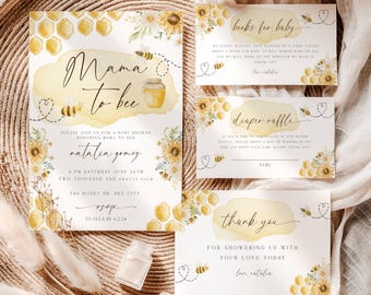May include: A collection of baby shower stationery with a bee motif. The main invitation says "Mama to bee" with watercolour details, bees, and sunflowers. Other cards include "Books for Baby", "Diaper Raffle", and a "Thank You" card.