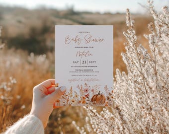 Fall Baby Shower Invitation: Boho Pumpkin Floral Theme (5x7 in, Editable Template)
