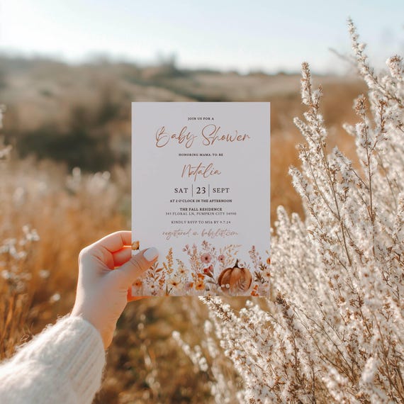 Fall Baby Shower Invitation: Boho Pumpkin Floral Theme (5x7 in, Editable Template)