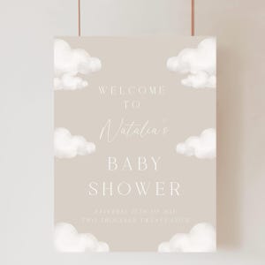 Wolke Babyparty Willkommensschild | Bearbeitbares Wolken-Babypartyschild | Druckbare & digitale Hallo Baby Wolke Thema Baby Party