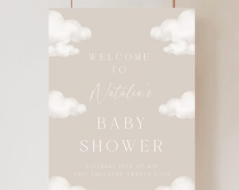 Cloud Baby Shower Welcome Sign: Beige & White (Editable Printable)