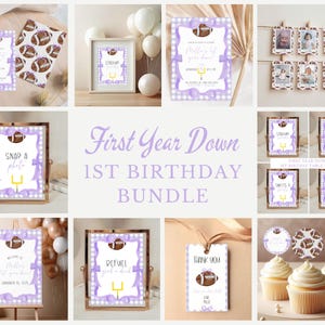 May include: A printable set of football-themed party decorations for a first birthday party. The set includes a welcome sign, a photo booth sign, table signs, cupcake toppers, and a thank you tag. The decorations are in a purple and white color scheme with a gingham pattern.