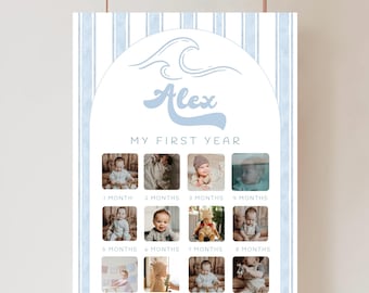 May include: A personalized baby milestone poster with the name "Alex" in light blue script. The poster features a wave design and a grid for photos from 1 to 12 months, set against a blue and white striped background.