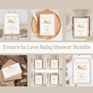 May include: A printable baby shower bundle with a s'more theme. The bundle includes a welcome sign, invitations, diaper raffle cards, and table signs. The design features a watercolor illustration of a s'more with the text "S'more to Love" and "Diaper Raffle".