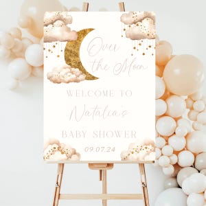 Placa de boas-vindas para chá de bebê We Are Over The Moon | Editável Placa de boas-vindas para chá de bebê We Are Over the Moon para meninas | Placa rosa Over the Moon para impressão e digital