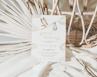 Stork Baby Shower Invitation | Editable  Neutral Stork Baby Shower Invitation Template  (Printable & Digital)