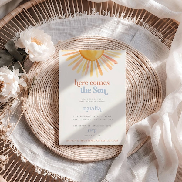 Invitación para baby shower "Aquí viene el hijo": Sol de acuarela (imprimible y digital)