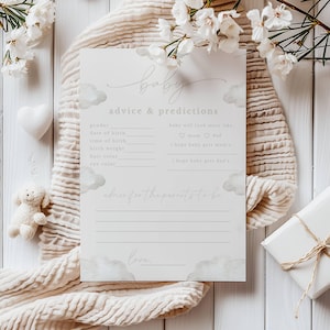 Scheda moderna con previsioni per il baby shower Cloud Nine / Consigli e previsioni modificabili per il baby shower Cloud 9 / Baby shower Cloud 9 stampabile e digitale