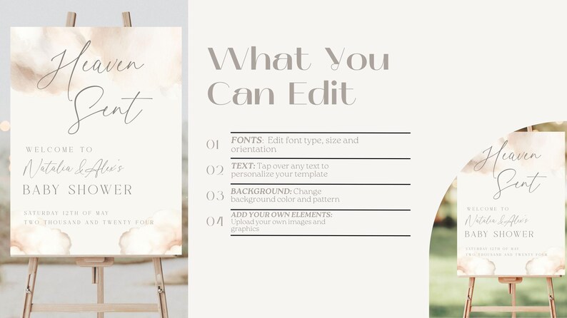 May include: A printable baby shower sign with a watercolour background in shades of brown and beige. The text reads "Heaven Sent" and "Welcome to Natalia & Alie's Baby Shower". The sign also includes the date of the shower, "Saturday 15th of May, Two Thousand and Twenty Four".