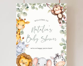 Välkomstskylt för Safari babyshower | Redigerbar välkomstskylt för Safari babyshower | Skylt för den lilla vilda på väg (utskrivbar och digital)