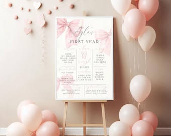 Mijlpaal eerste verjaardag met roze strik | Bewerkbaar bord met roze strik eerste verjaardag mijlpaal | Coquette roze strik mijlpaalbord 1e verjaardag