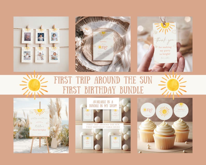 May include: First Trip Around the Sun First Birthday Bundle printable party decorations. The bundle includes a welcome sign, cupcake toppers, and thank you tags. The design features a yellow sun with a watercolour effect and the text "First Trip Around the Sun" and "First Birthday".