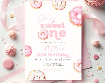 Invito di compleanno Sweet One Donut: invito modificabile per il primo compleanno di Sweet One in rosa (digitale e stampabile)