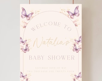 Letrero de bienvenida para baby shower con mariposas: Tema editable para baby shower "Encantado de conocerte" (Imprimible y digital)