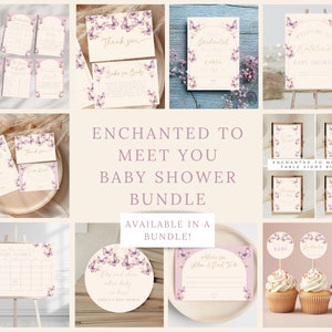K&ouml;nnte beinhalten: Ein Set mit druckbaren Babyparty-Dekorationen mit einem verspielten Schmetterlings-Motiv. Das Set beinhaltet Tischschilder, ein Willkommens-Schild, eine Dankeskarte, eine Spielkarte und Cupcake-Topper. Die Dekorationen sind in den Farben Rosa, Lila und Wei&szlig; gehalten.
